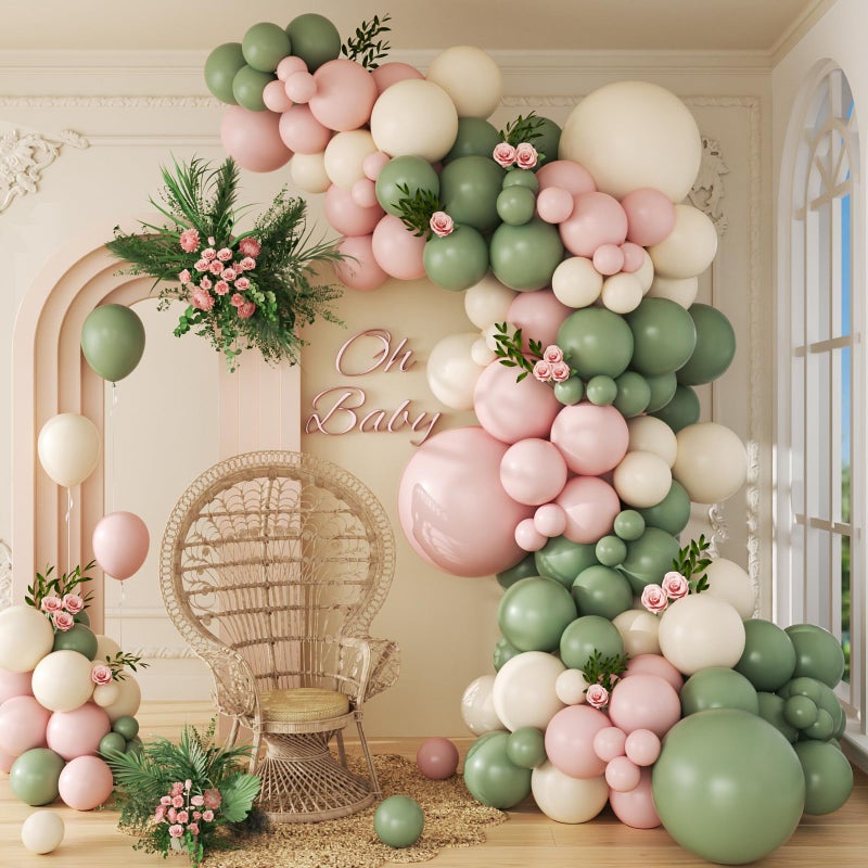 awenztech 141pcs Pink and Green Balloon Arch Garland Kit with Sage Green Pastel Pink Sand White Balloons for Birthday Bridal Shower Party Boho Baby in Bloom Baby Shower Decorations - Image 1