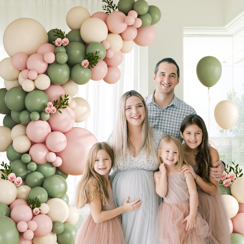 awenztech 141pcs Pink and Green Balloon Arch Garland Kit with Sage Green Pastel Pink Sand White Balloons for Birthday Bridal Shower Party Boho Baby in Bloom Baby Shower Decorations - Image 5