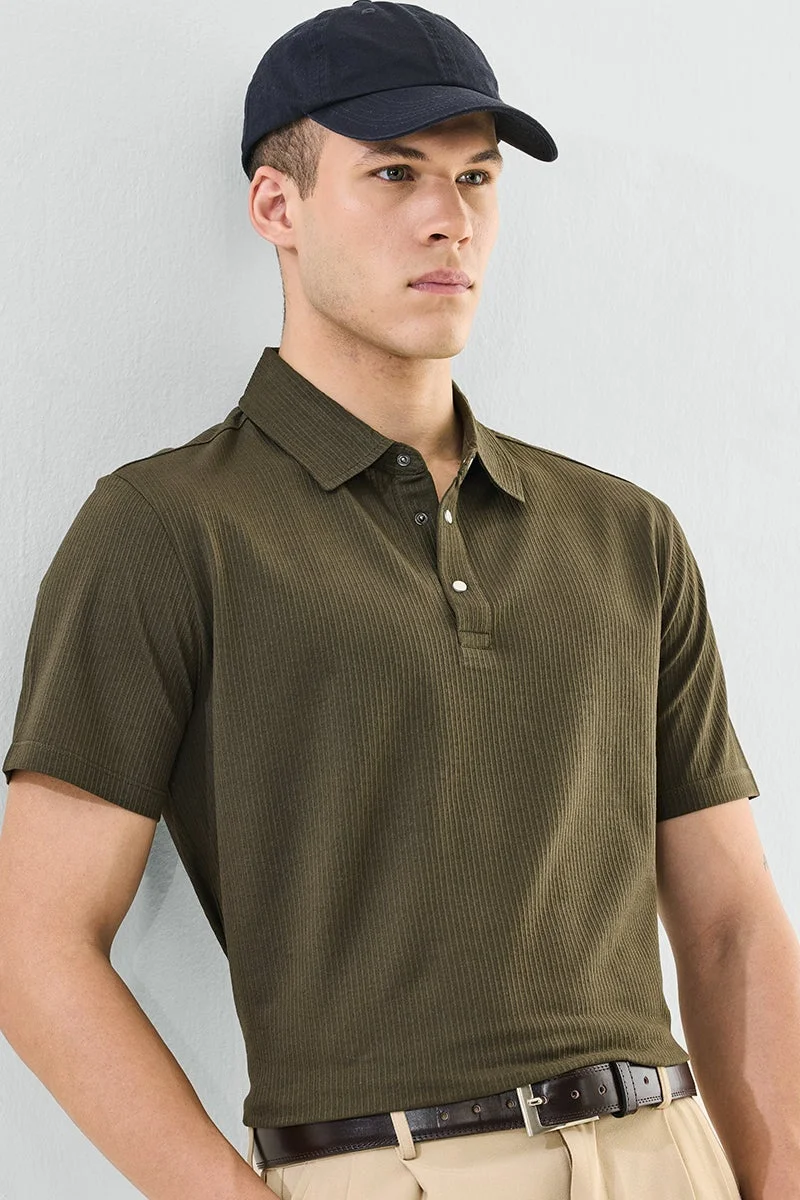 سنيتش Olive Ribbed Half Sleeve Regular Fit T-Shirt