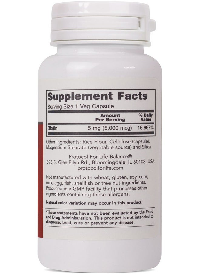 Protocol For Life Balance - Protocol Biotin 5000Mcg Normal Glucose Metabolism Hair Skin And Nails 90 Veg Caps - Image 1