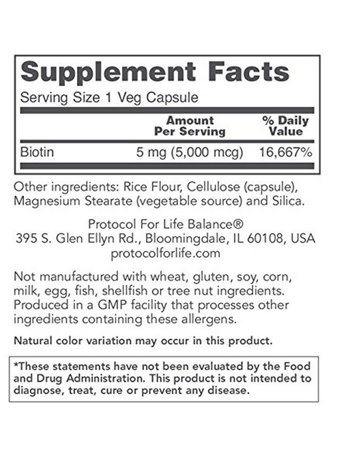 Protocol For Life Balance - Protocol Biotin 5000Mcg Normal Glucose Metabolism Hair Skin And Nails 90 Veg Caps - Image 1