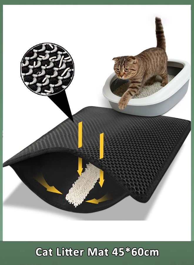Cat Litter Mat Double Layer Waterproof Urine Proof Trapping Mat Cat Litter Trapping Mat Space-Saving Litter Box Floor Mat Anti-Leak Base Non-Slip Kitty Mat for Apartment, Black 45*60cm - Image 1
