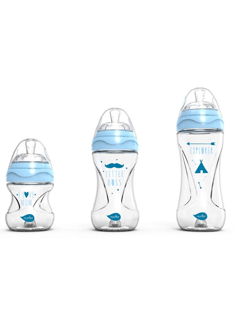 Mimic Collection Anti Colic Baby Bottles 150 Ml Ergonomic Shape and Teats Nipple Effect Bpa Free Eu Brand Italian Design Light Blue