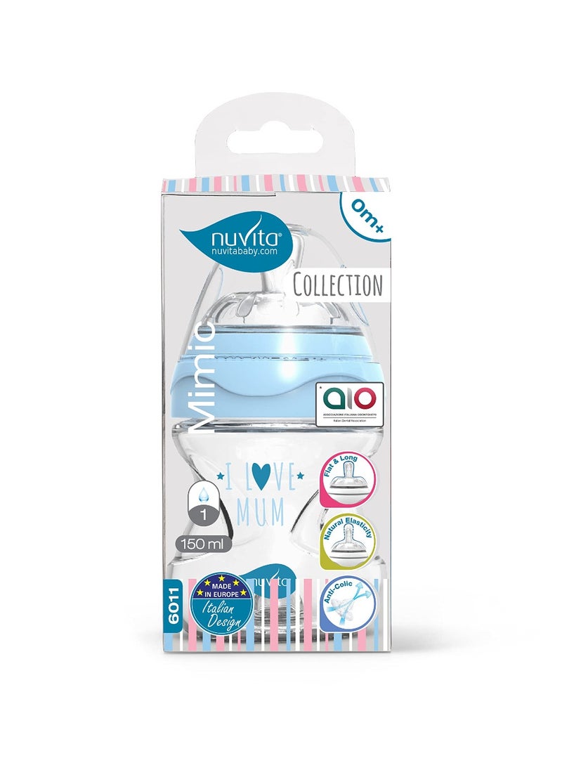 Mimic Collection Anti Colic Baby Bottles 150 Ml Ergonomic Shape and Teats Nipple Effect Bpa Free Eu Brand Italian Design Light Blue