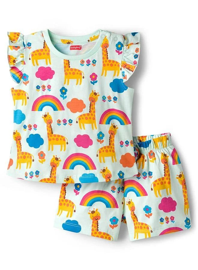 Babyhug Babyhug Cotton Knit Frill Sleeves Co-ords T-Shirt & Shorts Night Suit with Jungle Theme Print - Light Blue