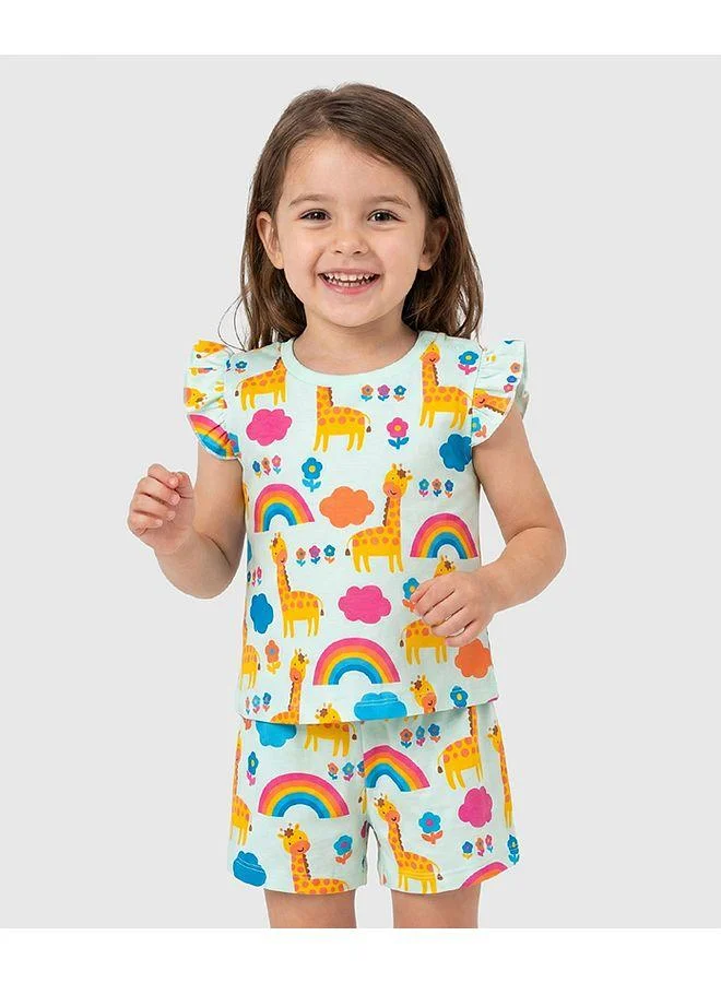 Babyhug Babyhug Cotton Knit Frill Sleeves Co-ords T-Shirt & Shorts Night Suit with Jungle Theme Print - Light Blue