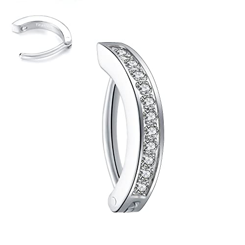 VOJO 14G G23 Titanium Clicker Belly Button Ring,10/12mm Reverse Curved Hoop Navel Barbell Piercing Jewelry (Silver Diamonds,14G 12mm) - Image 1