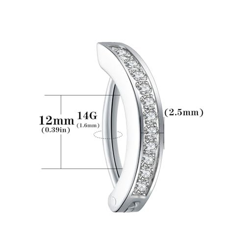 VOJO 14G G23 Titanium Clicker Belly Button Ring,10/12mm Reverse Curved Hoop Navel Barbell Piercing Jewelry (Silver Diamonds,14G 12mm) - Image 5
