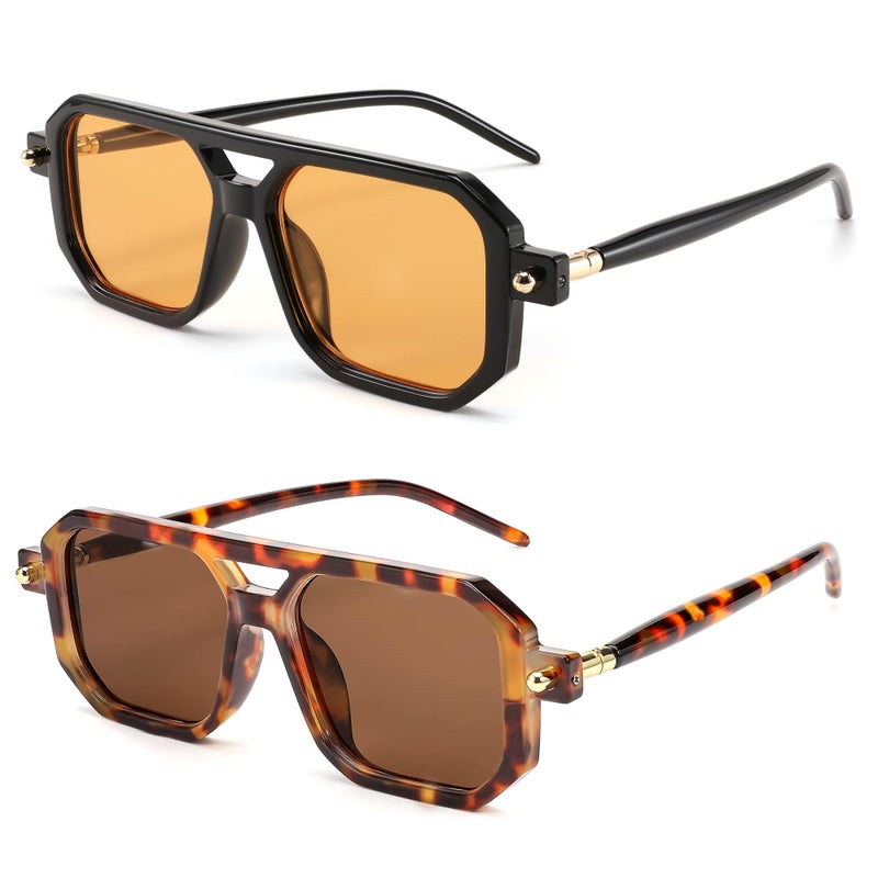 BUTABY Retro Square 70s Flat Aviator Sunglasses Women Men Vintage Trendy Plastic Frame Sun Glasses UV400 Protection Tortoise & Black Orange - Image 1