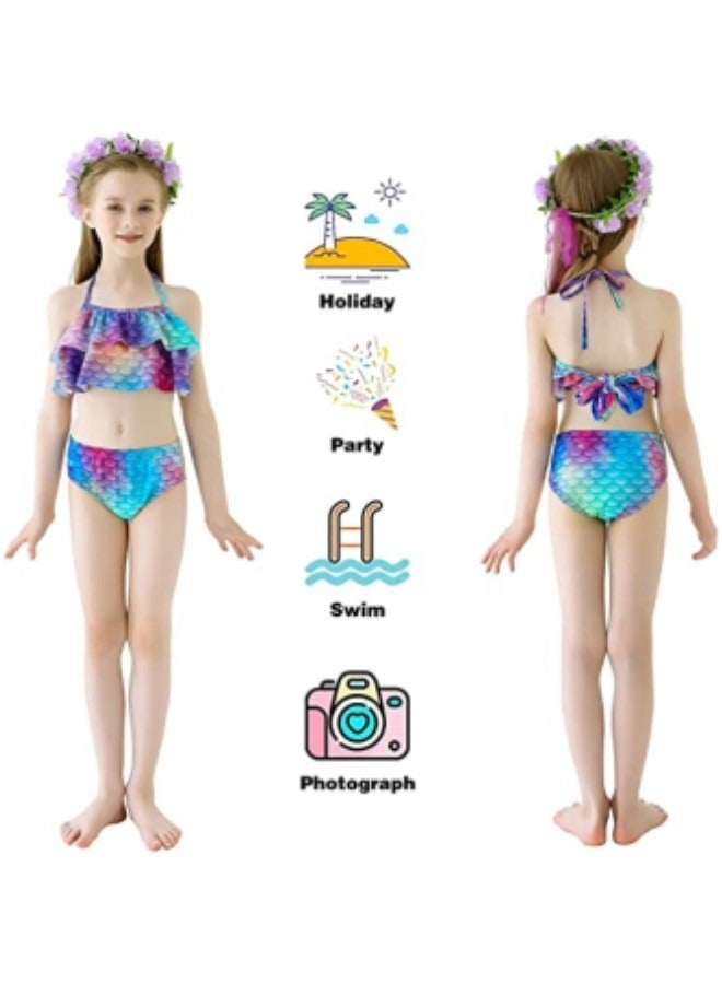 GGEROU Girls Swimwear Mermaid Tail Swimwear,Bikini Sets with Head Garland Necklace Hair Clip,Mermaid Costume Swimsuits for Kids - Image 4