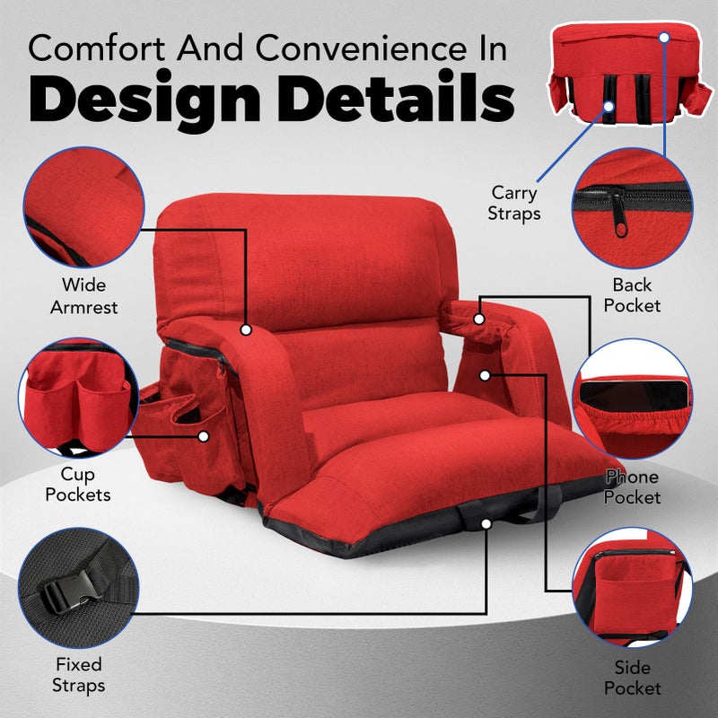yeyeeyyee Wide Stadium Seats with Back Support, Exclusive Sofa Style Design Extra Thick Bleacher Chairs with Back and Cushion, 6 Reclining Positions - Ultimate Comfort for Sports Events (Red, 22.5") - Image 4