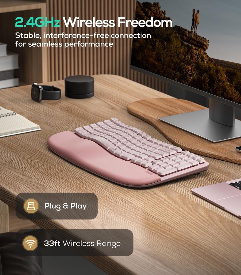 Nulea RT08 Wave Keys Wireless Ergonomic Keyboard with Cushioned Palm Rest, 2.4GHz Ergo Cordless USB Computer Keyboard, Comfortable Natural Typing, for Laptop, Mac, Windows (Pink) - Image 4
