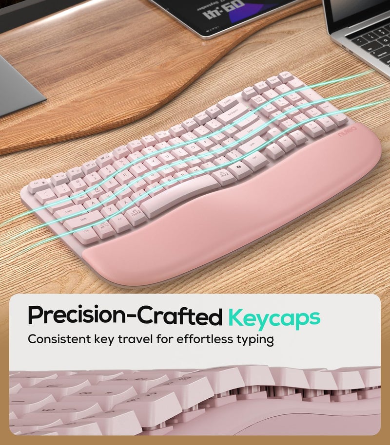 Nulea RT08 Wave Keys Wireless Ergonomic Keyboard with Cushioned Palm Rest, 2.4GHz Ergo Cordless USB Computer Keyboard, Comfortable Natural Typing, for Laptop, Mac, Windows (Pink) - Image 3