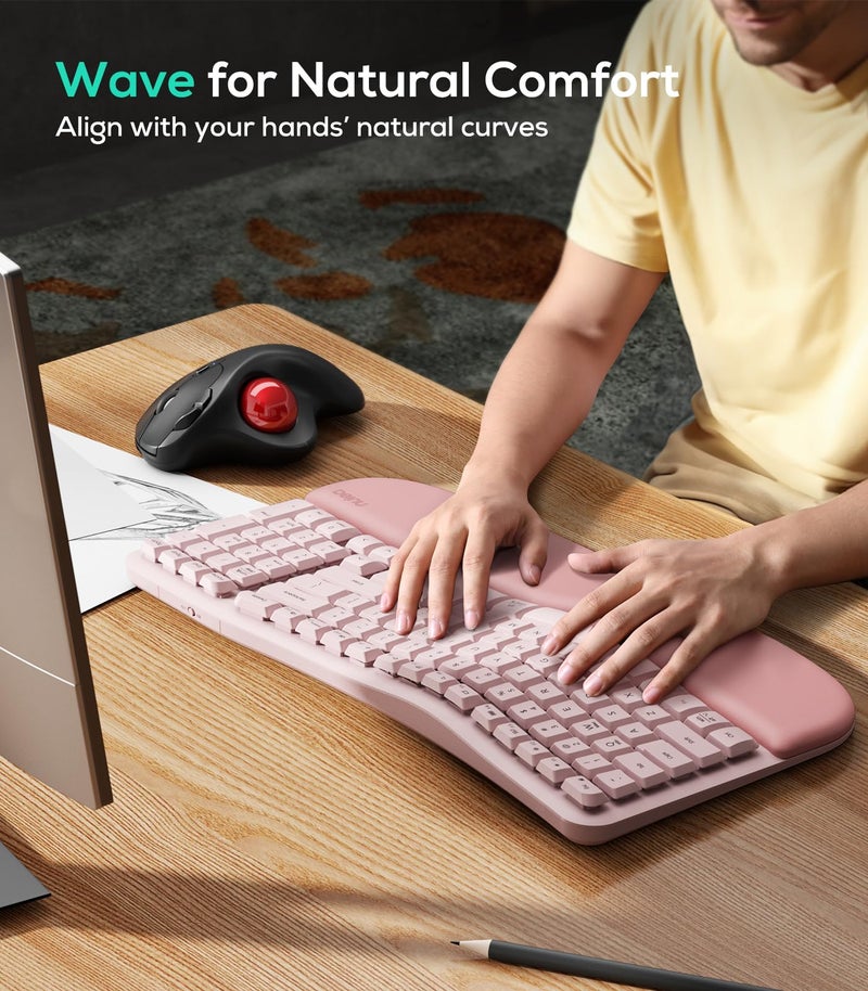 Nulea RT08 Wave Keys Wireless Ergonomic Keyboard with Cushioned Palm Rest, 2.4GHz Ergo Cordless USB Computer Keyboard, Comfortable Natural Typing, for Laptop, Mac, Windows (Pink) - Image 2