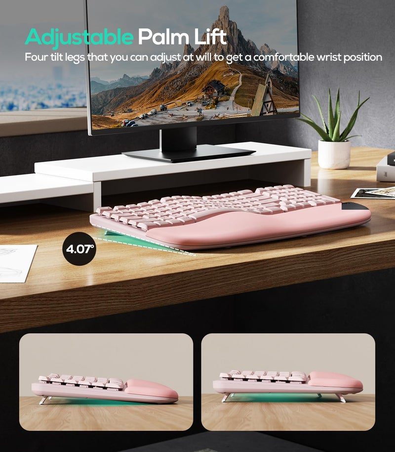 Nulea RT08 Wave Keys Wireless Ergonomic Keyboard with Cushioned Palm Rest, 2.4GHz Ergo Cordless USB Computer Keyboard, Comfortable Natural Typing, for Laptop, Mac, Windows (Pink) - Image 5