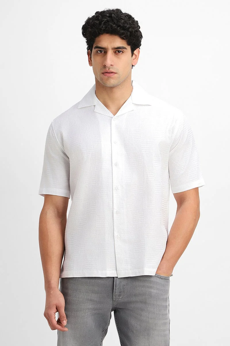 SNITCH White Textured Half Sleeve Boxy Shirt