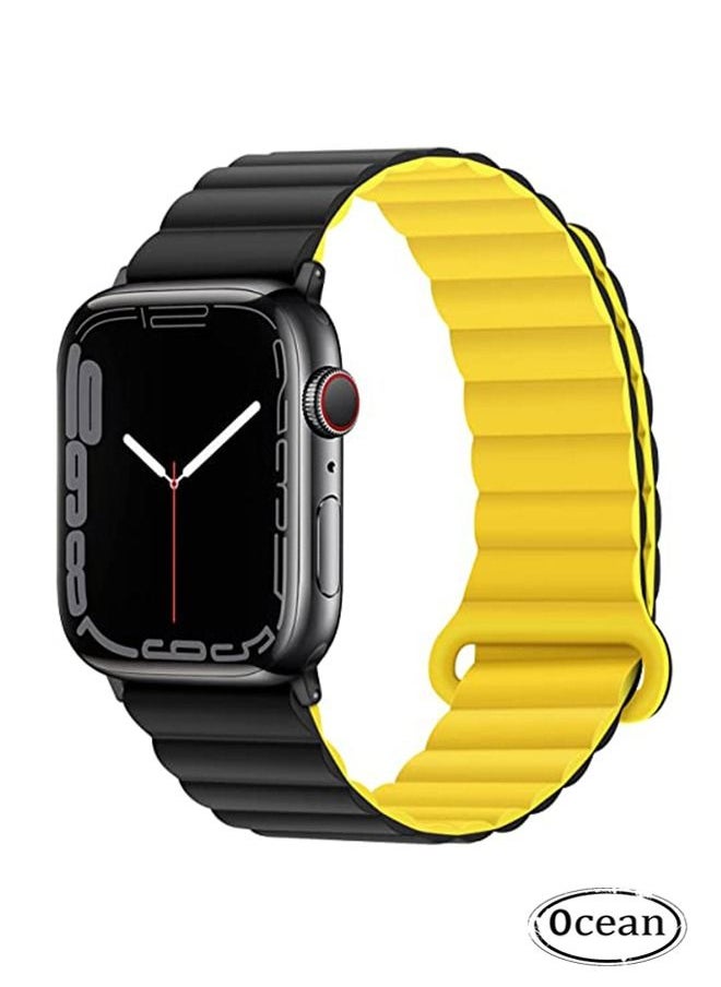 Ocean Double Side Reversible Magnetic Strap 41mm 40mm 38mm Soft Silicone Loop Strap For iWatch Series Ultra/8/7/SE/6/5/4/3/2/1 Black/Yellow  - Image 1