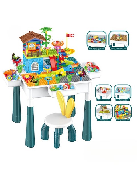 Building Block Table Kids Activity Table, 7-in-1 Kids Table Chair Set with 4 Storage Box Adjustable Legs,105 Pcs Building Block Compatible Bricks Toy Dining Play Learning Water Sand Table for Toddlers