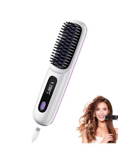 Hihonor Cordless Hair Straightener Brush, Usb Rechargeable 4000Mah Straightening Brush For Travel Mini Curling Iron For Short Hair Negative Ion Anti-Scald Hot Comb Flat Iron 3 Temp-Settings, White  - Image 1