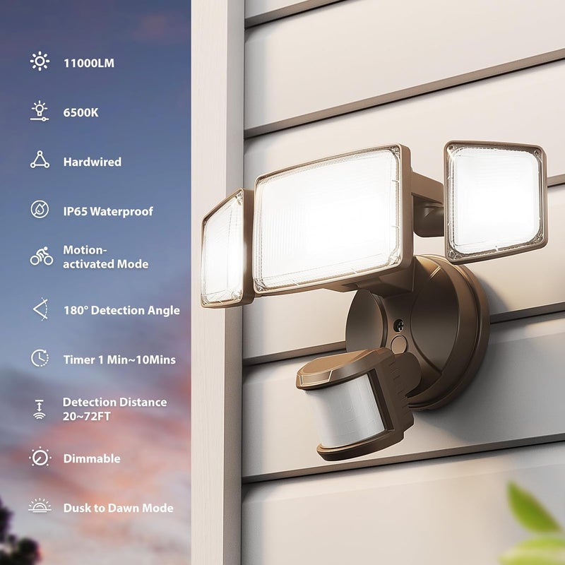 Onforu 100W LED Motion Sensor Outdoor Lights, Dusk to Dawn Flood Light Outdoor Motion Sensor, Hardwired Security Lights Floodlights Outside 11000LM 6500K Daylight IP65 Waterproof (Brown) - Image 2