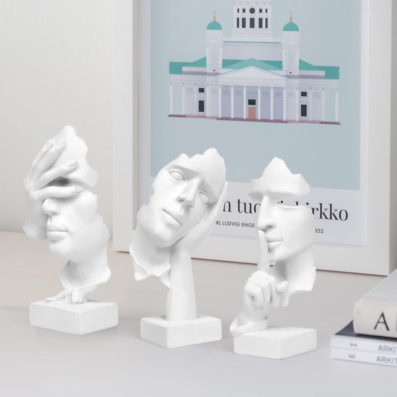 prosfalt 3 Pcs Thinker Statue, Silence is Gold Abstract Art Figurine, No Hear No See No Speak Modern Home Resin Sculptures Decorative Objects Decor for Home Office Bookshelf Desktop(White), A-41 - Image 4