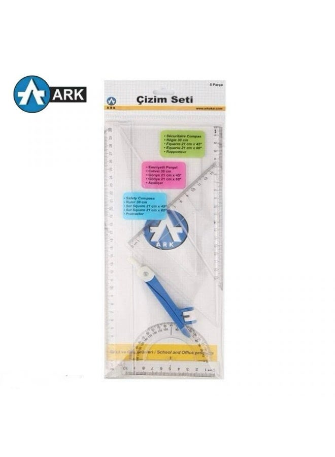 ارك طقم هندسي أرك (ARK) 5 قطع للرسم والقياس - مسطرة 30 سم، مثلثات، منقلة وبرجل - بلاستيك شفاف عالي الجودة للمدرسة والمكتب - Image 1