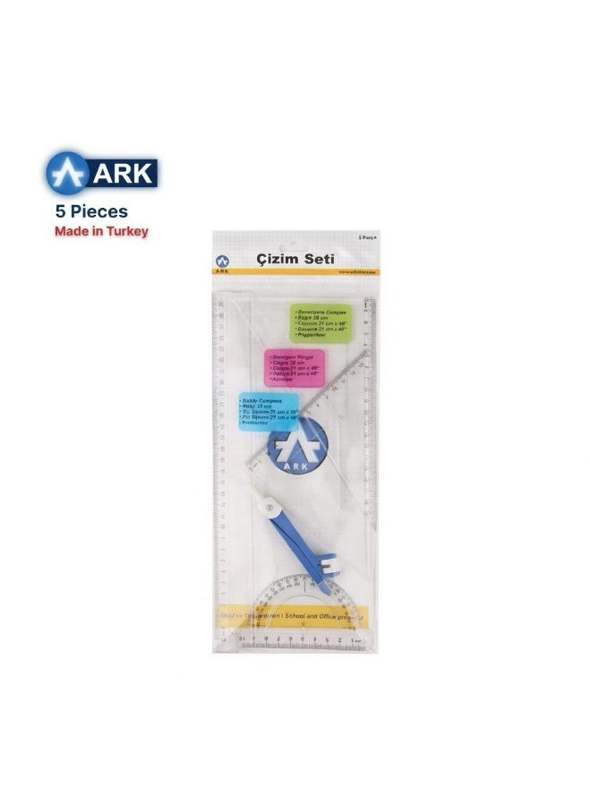 ارك طقم هندسي أرك (ARK) 5 قطع للرسم والقياس - مسطرة 30 سم، مثلثات، منقلة وبرجل - بلاستيك شفاف عالي الجودة للمدرسة والمكتب - Image 3