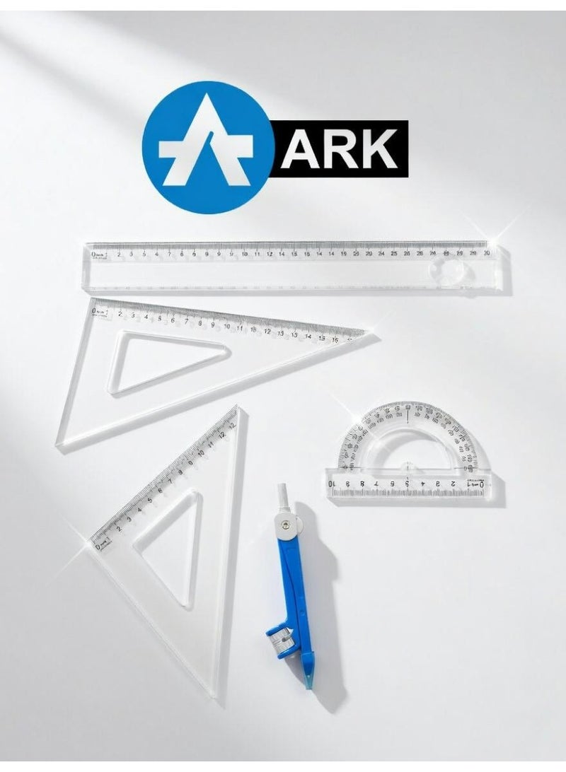 ارك طقم هندسي أرك (ARK) 5 قطع للرسم والقياس - مسطرة 30 سم، مثلثات، منقلة وبرجل - بلاستيك شفاف عالي الجودة للمدرسة والمكتب - Image 2