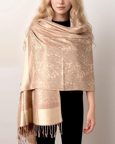 Achillea Two Tone Vintage Jacquard Paisley Pashmina Shawl Wrap Scarf (Taupe) - Image 2