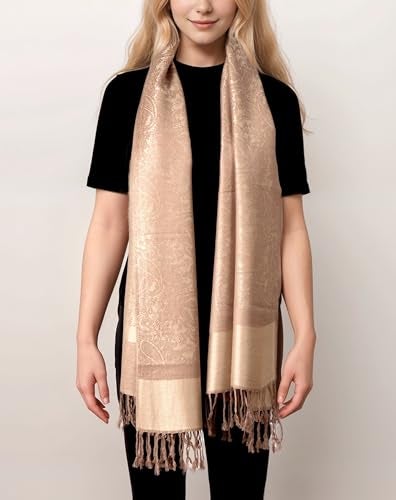 Achillea Two Tone Vintage Jacquard Paisley Pashmina Shawl Wrap Scarf (Taupe) - Image 4
