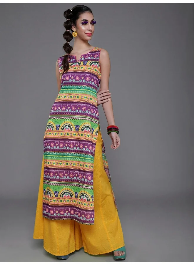 AKS Purple & Yellow Printed Straight Kurta