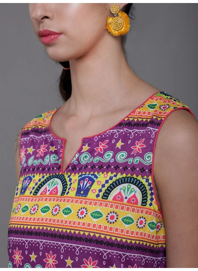 AKS Purple & Yellow Printed Straight Kurta