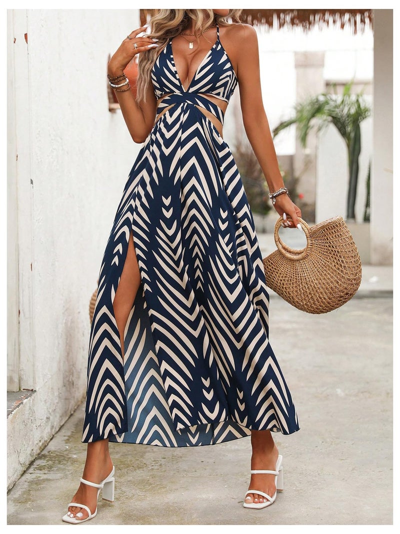 SweatyRocks Women's High Split Tie Backless Cut Out Halter Maxi Dresses Boho Vacation Long Dress Blue Small - Image 5
