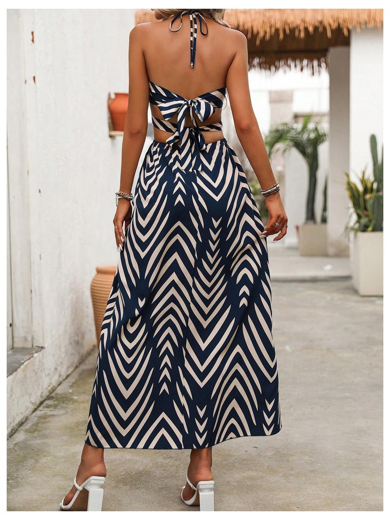SweatyRocks Women's High Split Tie Backless Cut Out Halter Maxi Dresses Boho Vacation Long Dress Blue Small - Image 2