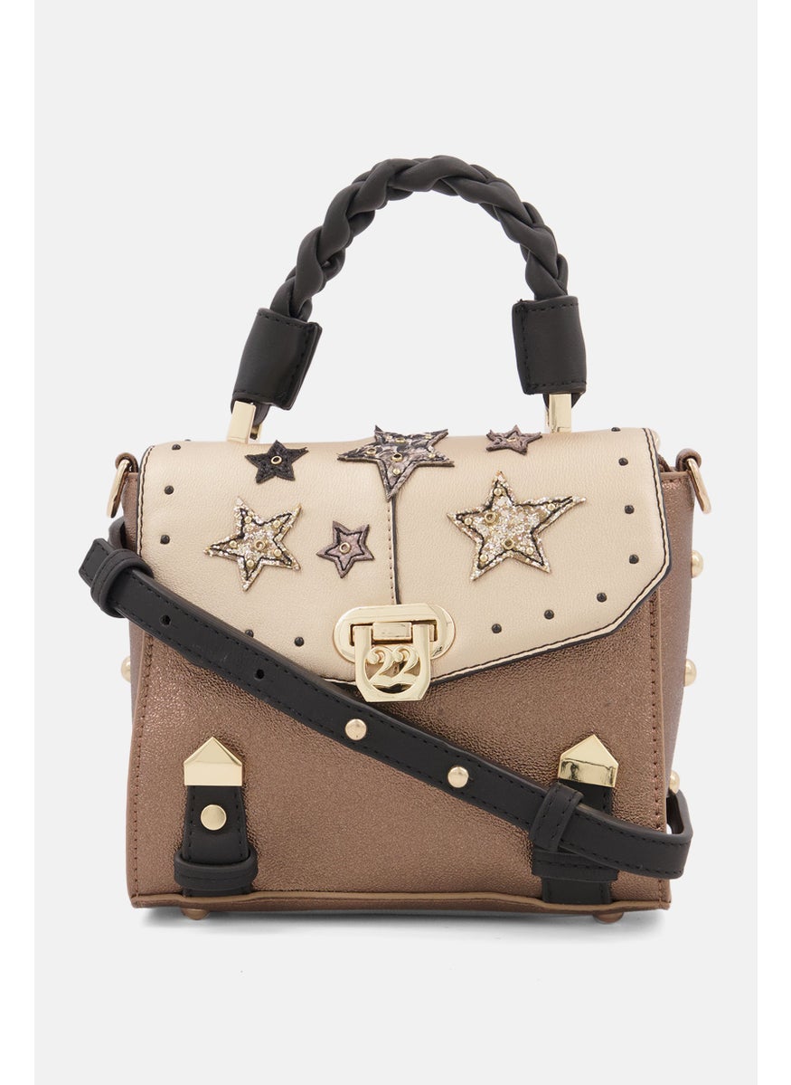 Numeroventidue - Women Textured Satchel Bag 16 H x 19 L x 9 W Cm, Gold - Image 1