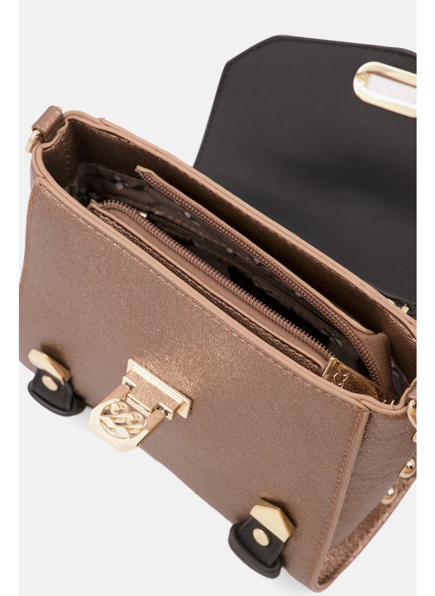 Numeroventidue - Women Textured Satchel Bag 16 H x 19 L x 9 W Cm, Gold - Image 1
