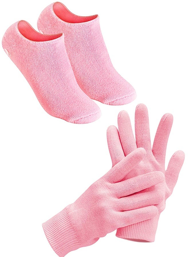 جوارب مرطبة وقفازات لإصلاح وتنعيم القدمين، جوارب مرطبة للقدمين، قفازات جل سبا للعناية بالبشرة الجافة لليدين والقدمين، لوشن الصبار، سيليكون من الداخل، وردي - Image 1
