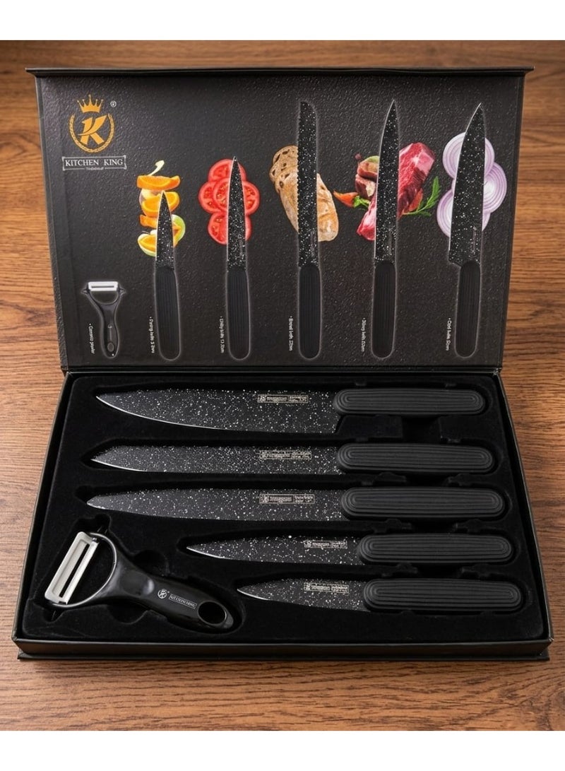 Kitchen Knives Set of 6, Rust Resistant, Non-Stick, with Peeler, for Chefs, Baking, Slicing, Peeling