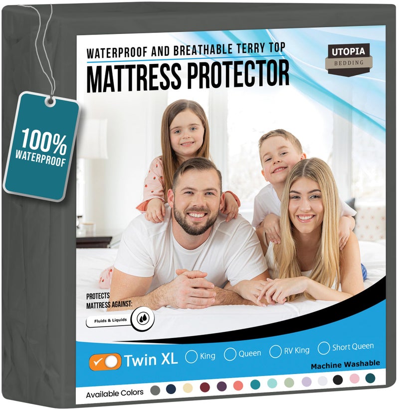 Utopia Bedding Waterproof Mattress Protector Twin XL Size Premium Terry Mattress Cover 200 GSM Breathable Fitted Style with Stretchable Pockets Gray
