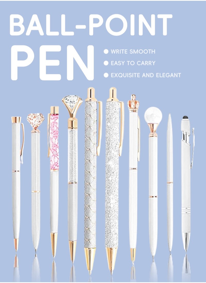 DAIKOYE 10 Pcs Ballpoint Pens Set Party Favors for Kids White Gifts White Pens for Women Girls Office Supplies School Supplies Black Ink Metal Crystal Diamond Pens  - Image 1