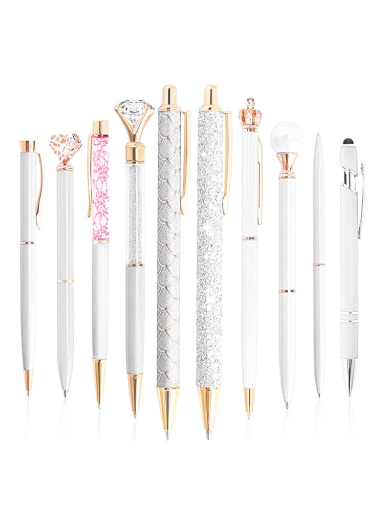 DAIKOYE 10 Pcs Ballpoint Pens Set, Party Favors for Kids, White Gifts White Pens for Women and Girls—Office Supplies, School Supplies, Black Ink Metal Crystal Diamond Pens.  - Image 1