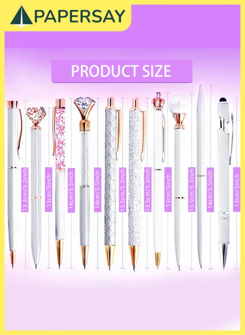 PAPERSAY 10 Pcs Ballpoint Pen for Women and Girls, Fancy Black Ink Pens,Metal Crystal Diamond Pen Glitter Pen, Gifts for Journaling , Office Desk Supplies, School Stationery Supplies.(Sacred White)  - Image 2