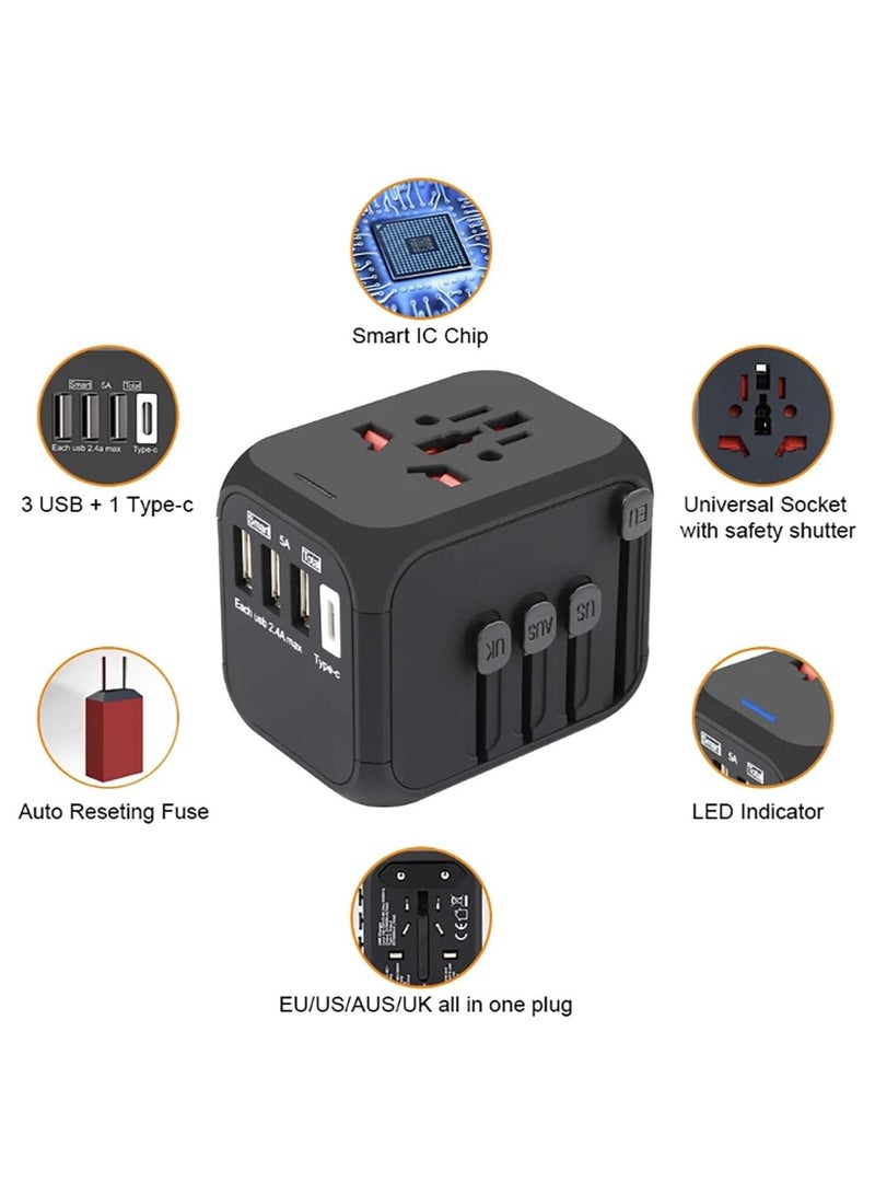 Travel Adapter, Worldwide All in One Universal Travel Adapter Wall AC Power Plug Adapter Wall Charger with Smart High Speed 3 USB Ports & 1 Type C Ports, USA EU UK AU Asia 160 Countries  - Image 2