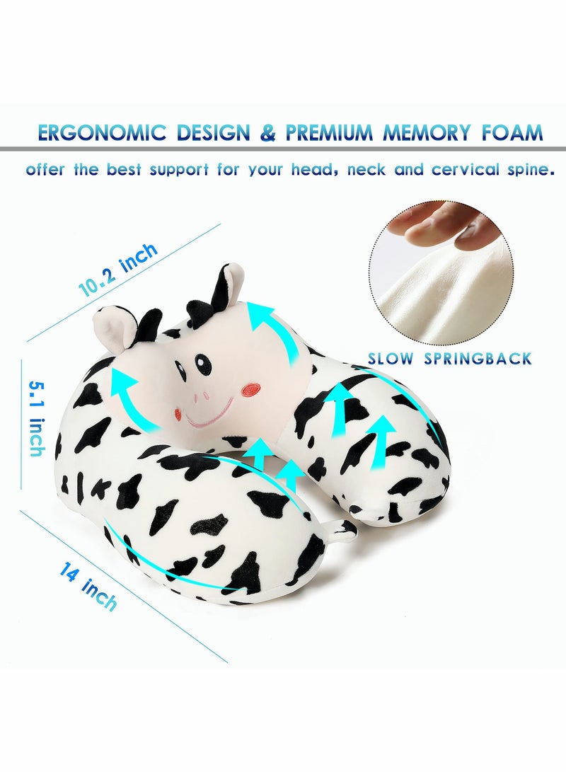 KASTWAVE Travel Pillow for Kids and Adults Cute Animal Memory Foam Neck Pillow with Soft Fleece Cover and Eye Mask Set Airplane Pillow Travel Kit with Drawstring Organizer Bag Machine Washable (Cow) - Image 3