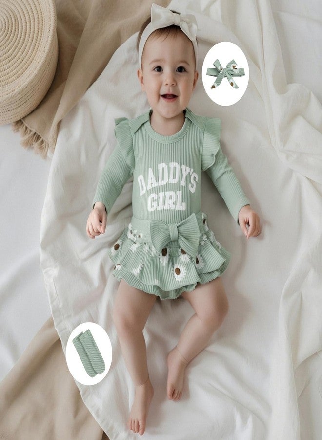 MERSARIPHY Daddys Girls Baby Girl Fall Outfit Newborn Long Sleeve Ruffle Romper Floral Dress Shorts Legging 4Pcs Clothes Set (Green, 6-12 Months) - Image 2