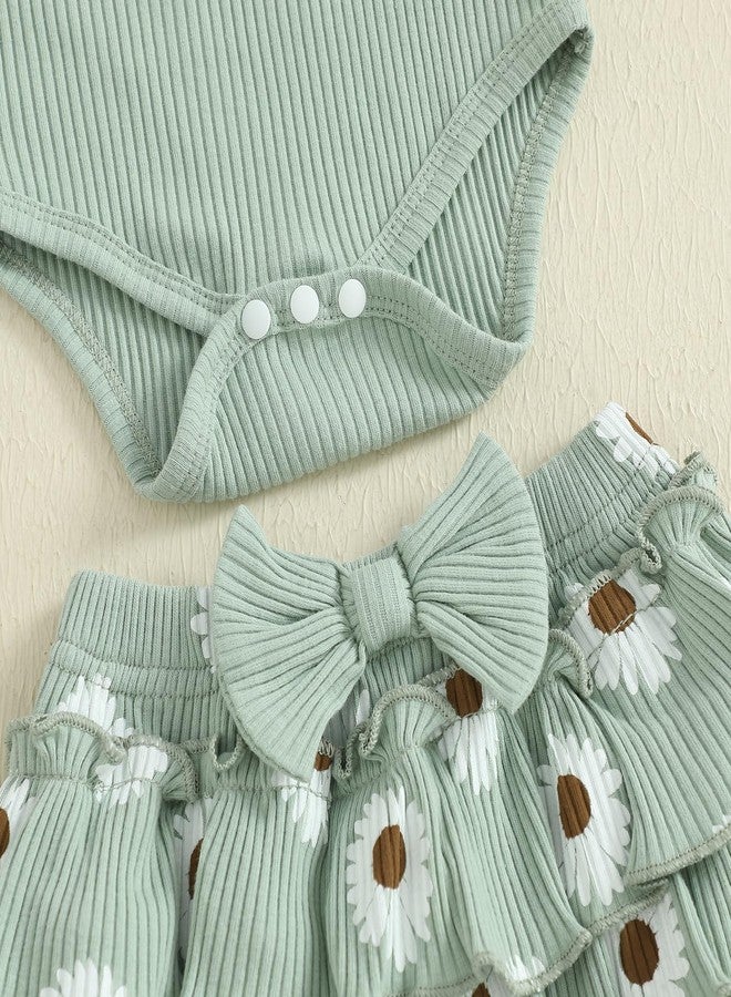 MERSARIPHY Daddys Girls Baby Girl Fall Outfit Newborn Long Sleeve Ruffle Romper Floral Dress Shorts Legging 4Pcs Clothes Set (Green, 6-12 Months) - Image 5