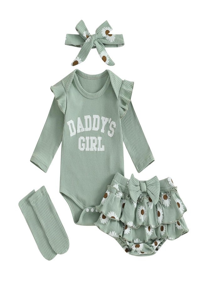 MERSARIPHY Daddys Girls Baby Girl Fall Outfit Newborn Long Sleeve Ruffle Romper Floral Dress Shorts Legging 4Pcs Clothes Set (Green, 6-12 Months) - Image 1