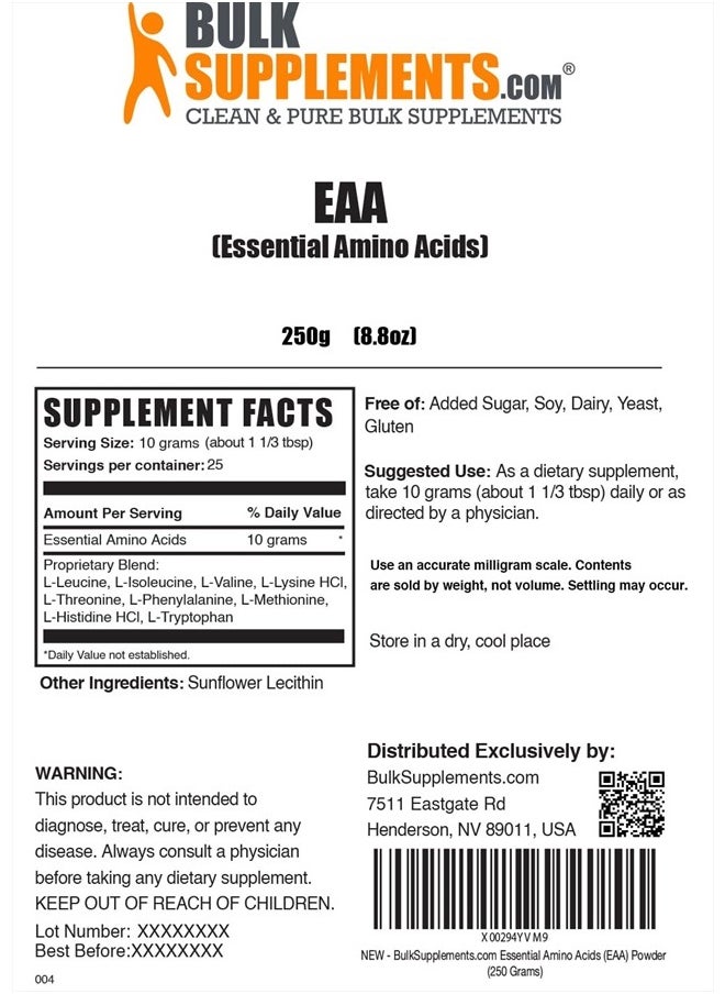 BULKSUPPLEMENTS.COM - Essential Amino Acids Powder - Essential Amino Acids Supplement, EAA Powder - Unflavored & Gluten Free, 10g of EAAs Amino Acids per Serving, 250g (8.8 oz) (Pack of 1) - Image 1