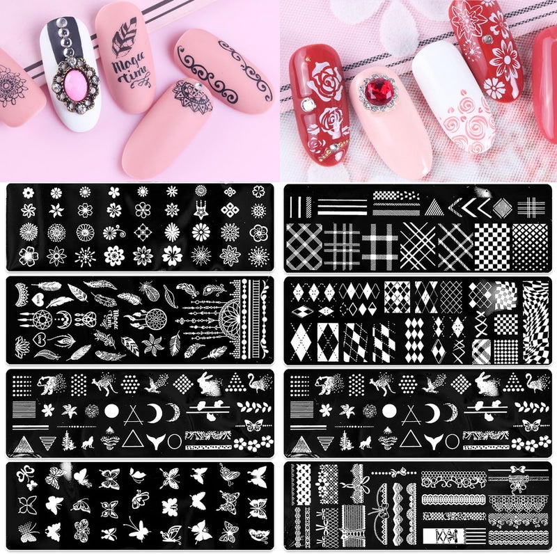 SILPECWEE 8 Pieces Nail Stamping Plate Geometry Nail Stamp Boho Butterfly Nail Design Stamp Stencils Nail Art Template Nail Art Stamping Kit Nail Art Tools Nails Design for Acrylic Nails