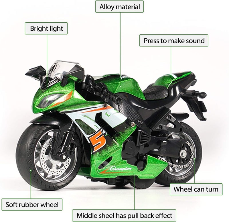 FEXXA Police Motorcycle Toy - Pull Back Motorcycle Toys, Tiny Gift with Music Lighting, Latte Motorcycles Toy for Kids Boys Age 3-8 Year Old [Multicolor] (NEW Sport Bike-Green) - Image 2